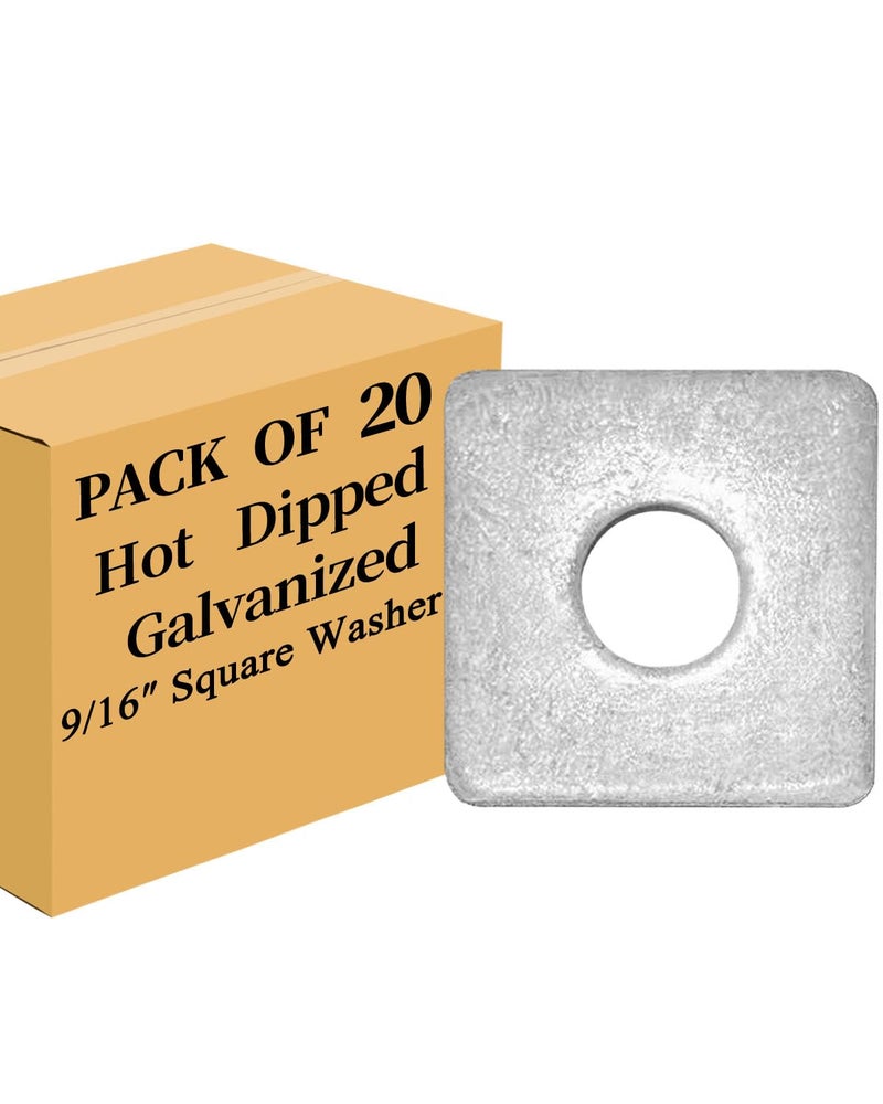 Axomize 9/16" Square Washer, Hot Dipped Galvanized Flat Pad Spacer for Square Nut Fastener Hardware, 20-Box (9/16" ID x 1-9/16" x 1-9/16" x 9/64") - Image 1